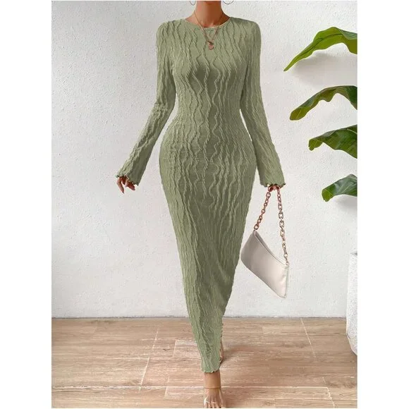 Women's Knit Maxi Dress Long Sleeve Backless Bodycon Fall Winter Green Large - Picture 4 of 6